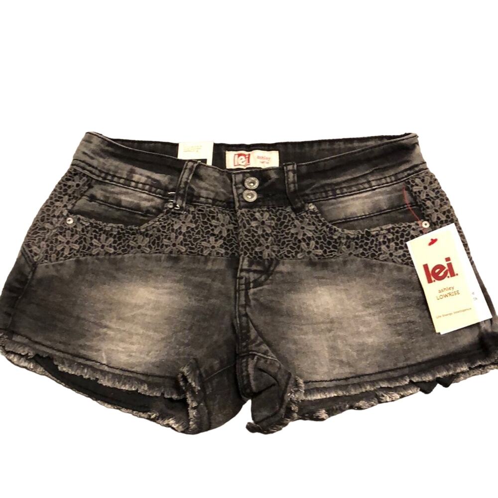 lei Black Washed Denim Lace Trim Jean Shorts